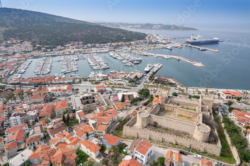 Fototapeta Naklejka Na Ścianę i Meble -  Cruise Ship in the Cesme Marina Drone Photo, Cesme Izmir, Turkey