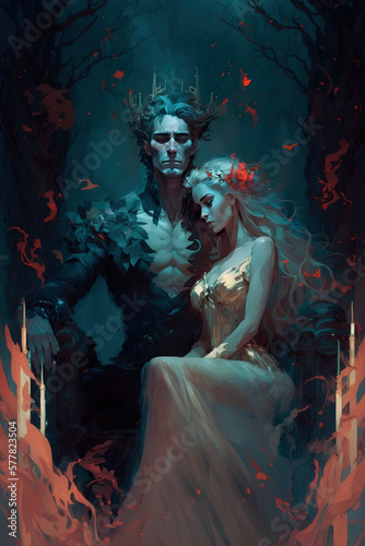 Hades and Persephone in the Underworld, Ai Generative art photo