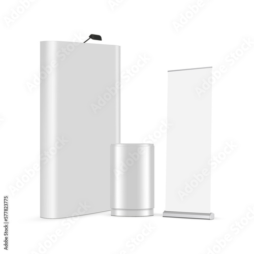 Pop Up Display Stand With Roll-up Banner and Table for Exhibitions, Blank Mockup for Your Designs, Isolated on White Background. Vector Illustration