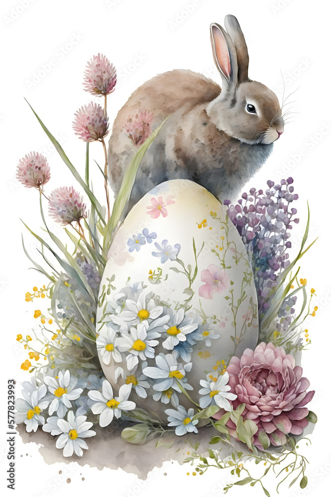 Easter decoration concept. Floral watercolor painting on white background. AI generated.