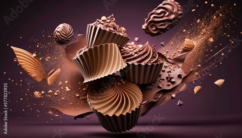 Flying chocolate candies pralines with smooth splashs. Generative AI photo