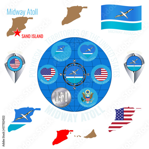 Set of illustrations of flag, contour map, money, icons of MIDWAY ATOLL. Travel concept. photo