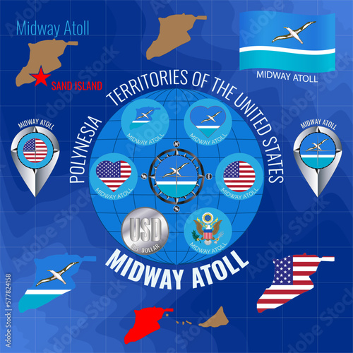 Set of vector illustrations of flag, contour map, money, icons of MIDWAY ATOLL. Travel concept.
 photo
