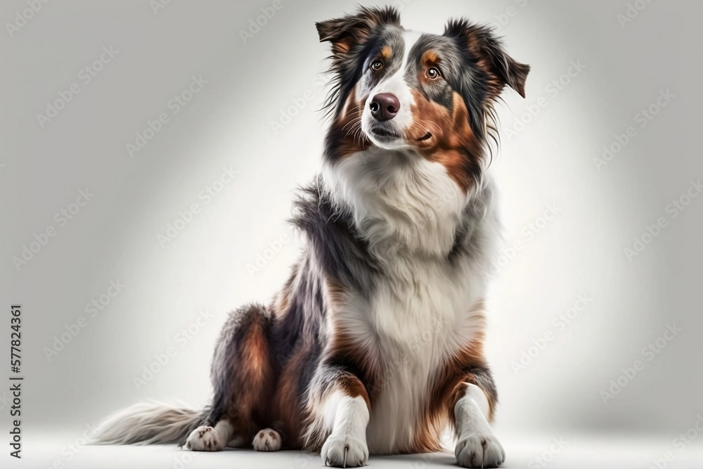 Advertisement dog sitting frontal isolated with white background. Generated by AI.
