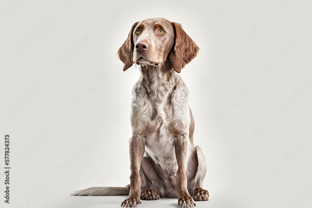 Advertisement dog sitting frontal isolated with white background. Generated by AI.
