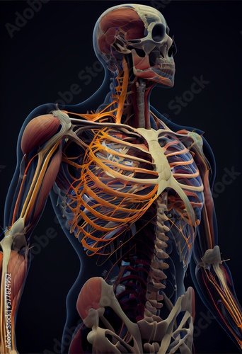 Human body anatomy, on a black background, vertical illustration