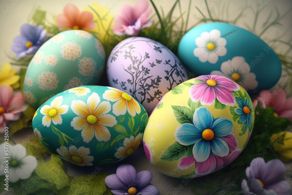 Colorful Easter eggs with flowers decor on them. Flowers around on green grass background. Greeting card for Easter holidays. Generative Ai