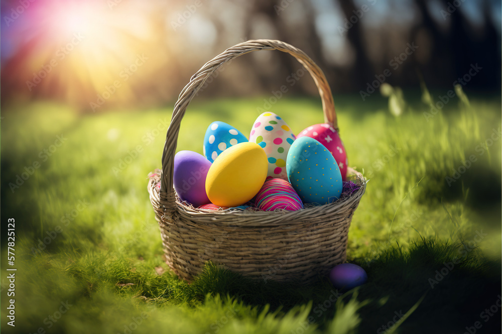 Colorful painted Easter eggs in wicker basket outdoor in sun light on green grass. Greeting card for Easter holidays. Generative Ai.