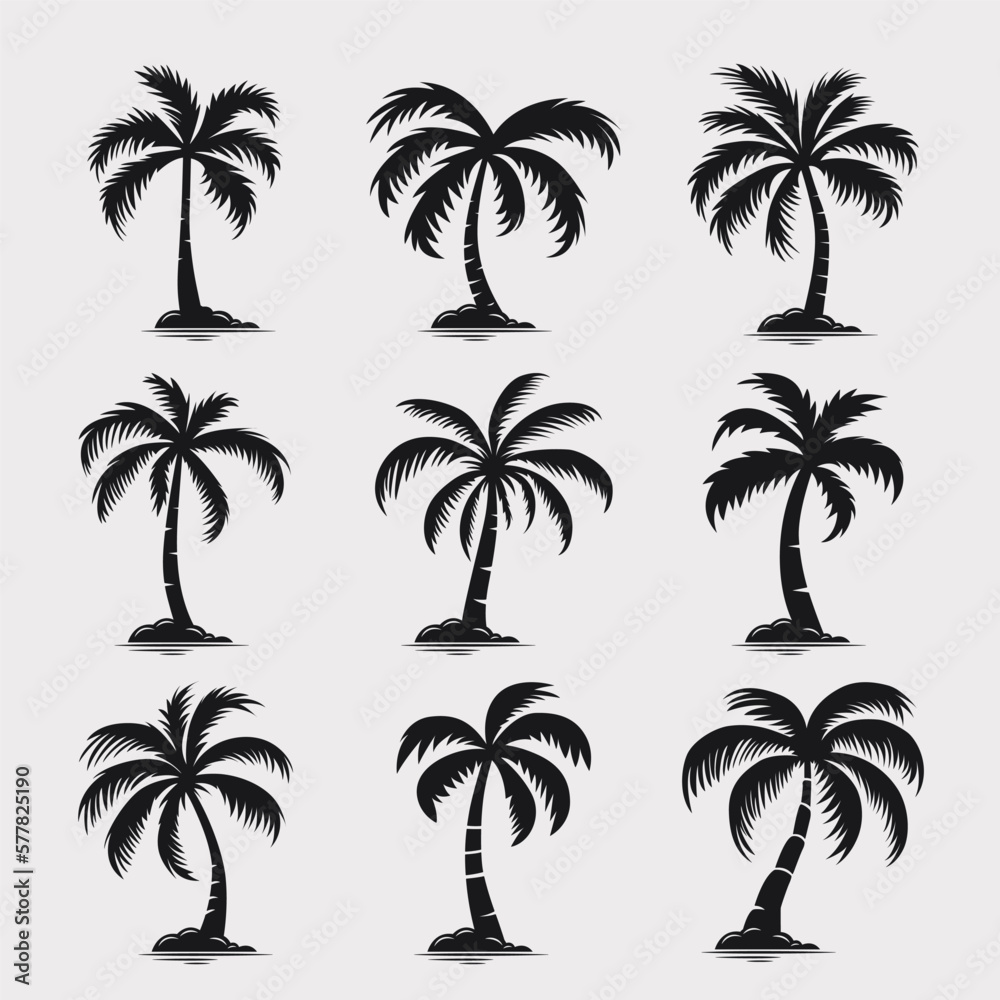 Vector Palm Trees, Palm Tree Icon Set Isolated. Palm Silhouettes. Design Template for Tropical, Vacation, Beach, Summer Concept. Vector Illustration. Front View