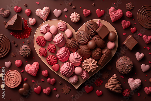 a variety assorted chocolates in heart shapes and scattered candies