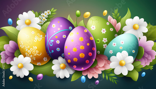 Easter horizontal poster or banner with colorful painted Easter eggs and flowers on dark background. Drawing style digital art. Generative Ai.