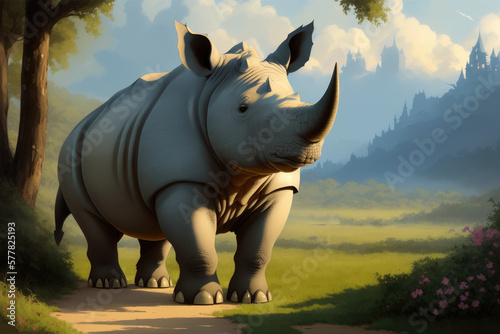 Colorful magic Rhino or Rhinoceros  cartoon style painting. Generative ai art illustration