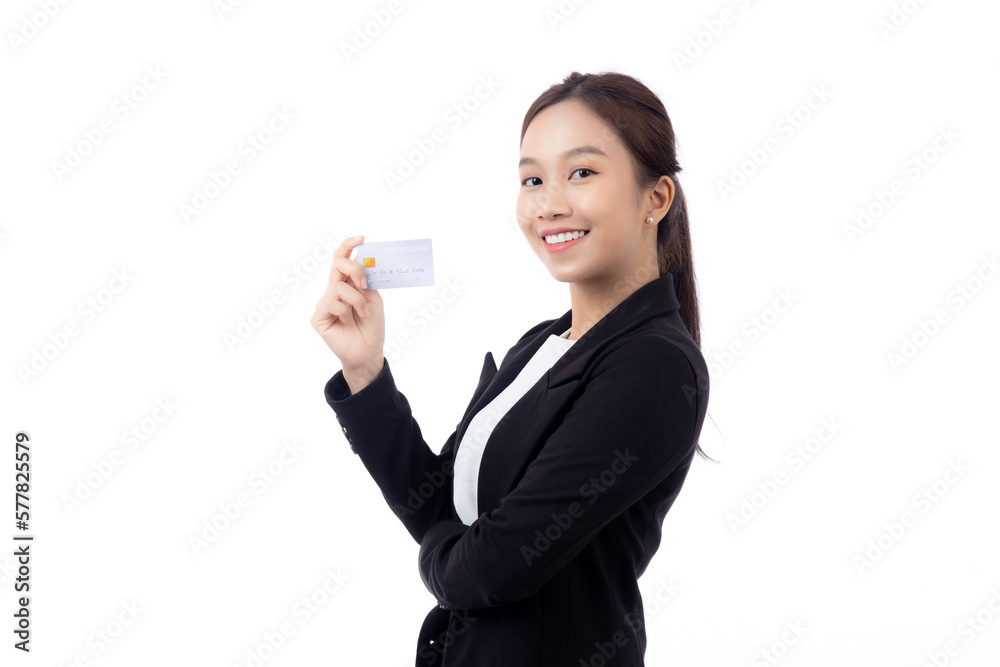Portrait beautiful young asian business woman hold credit card or debit card for shopping payment and transaction with financial isolated white background, businesswoman showing atm, finance concept. Portrait beautiful young asian business woman hold credit card or debit card for shopping payment and transaction with financial isolated white background, businesswoman showing atm, finance concept.