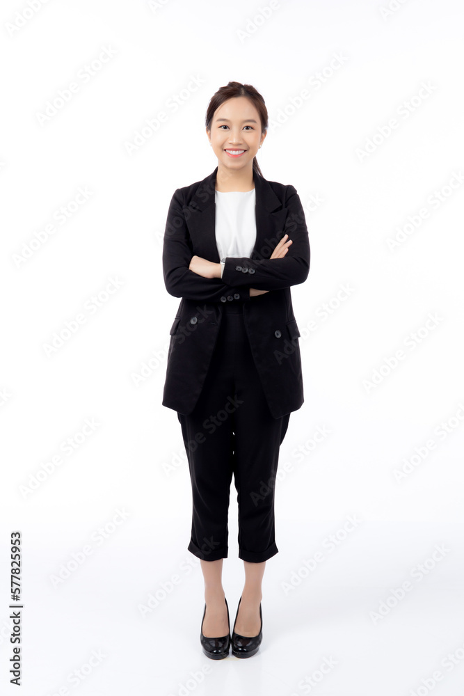 Portrait beautiful businesswoman in suit with arms crossed standing isolated on white background, young asian business woman is manager or executive smile with confident is positive and success. Portrait beautiful businesswoman in suit with arms crossed standing isolated on white background, young asian business woman is manager or executive smile with confident is positive and success.