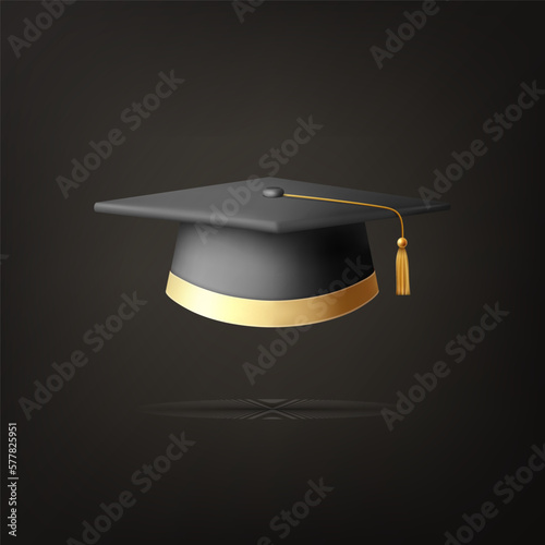 Vector 3d Realistic Black Graduate College, High School, University Black Cap Icon Closeup Isolated on Black Background. Vector Degree Ceremony Hat. Educational Student Symbol, Hat. Front View