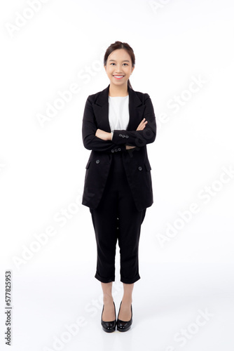 Portrait beautiful businesswoman in suit with arms crossed standing isolated on white background, young asian business woman is manager or executive smile with confident is positive and success.