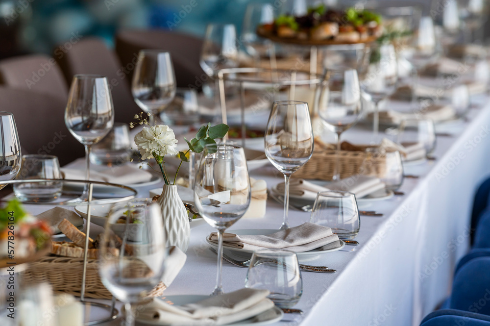 Glassware on a served table in a restaurant