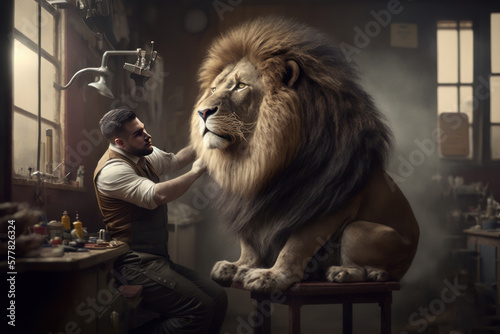 Löwe sitzt beim Barbier oder Friseur zum Styling. KI generiertes Gesicht. photo