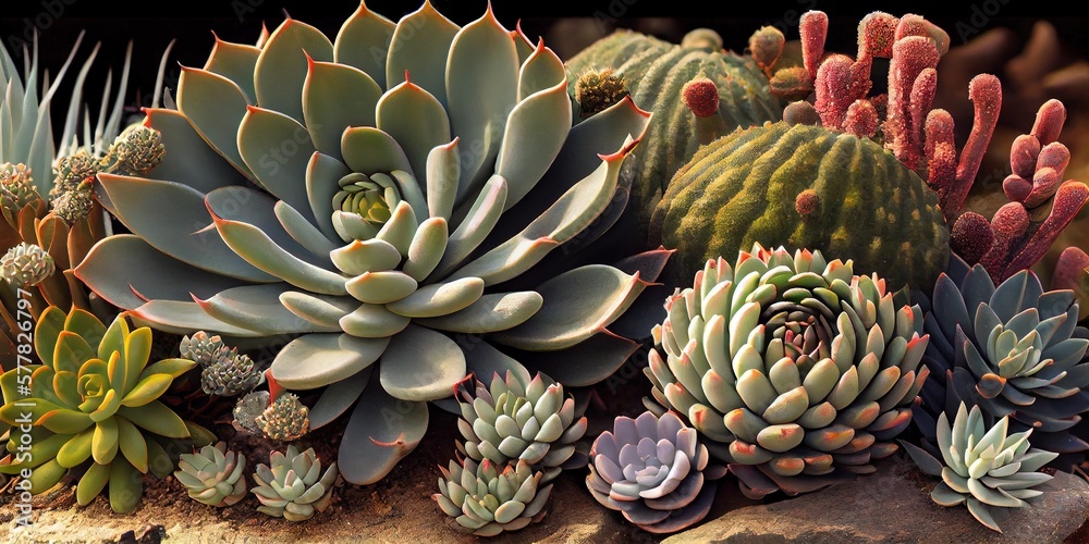 Obraz premium Desert succulents - these plants are drought tolerant and store water in thick fleshy leaves - generative AI 