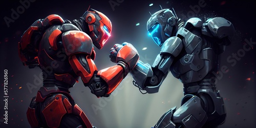 Fighting robots - two cybernetic artificial intelligence (AI) robots boxing and fist fighting photo