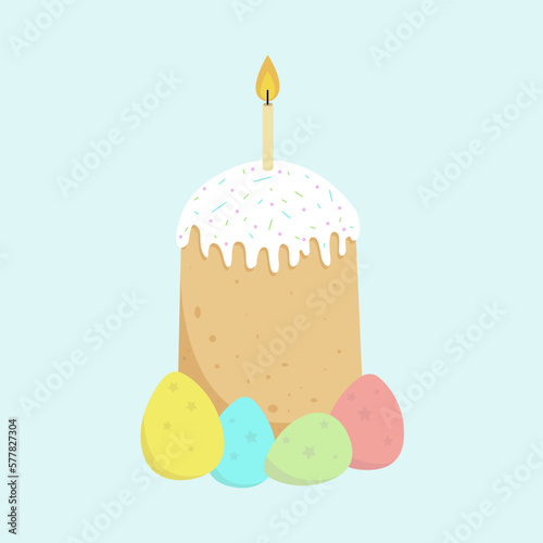 Easter cake with candle and eggs. Vector illustration in flat style