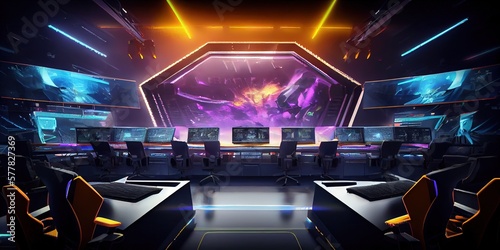 Esports arena - empty arena with lighting and equipment for a video gaming tournament by generative AI