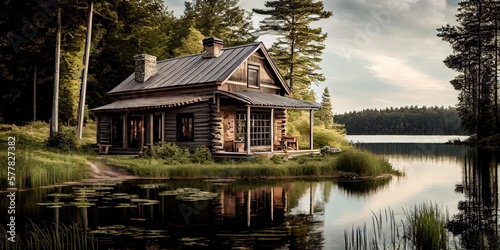 Log cabin by the lake - idyllic summer getaway with sun and fun by generative AI © Brian