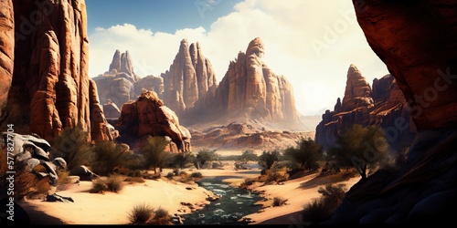 Desert landscape - southwestern desert with cliffs and crags in the environmental landscape. Generative AI