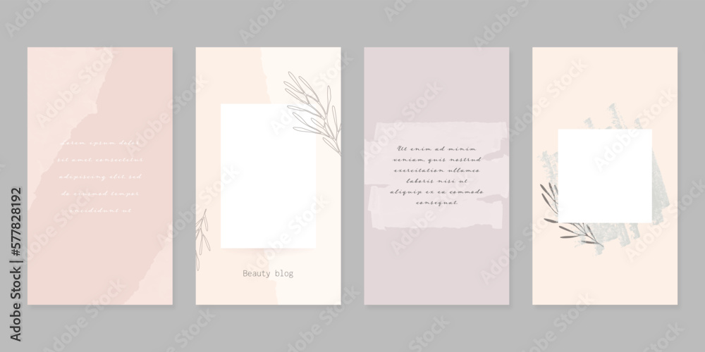 Neutral minimalist social media story post templates with torn paper texture and floral elements.