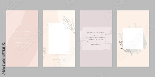 Neutral minimalist social media story post templates with torn paper texture and floral elements.