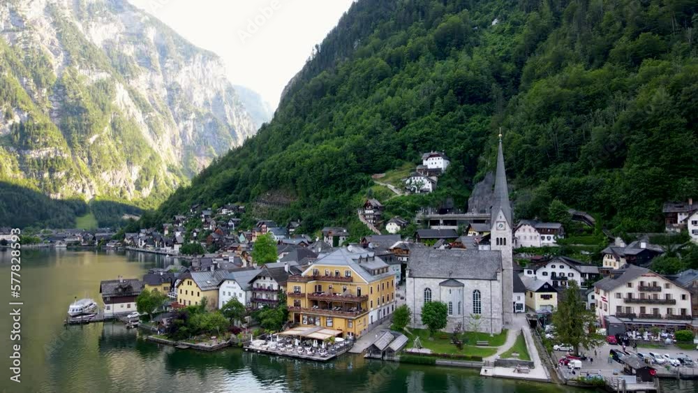 Aerial view of famous Hallstatt mountain village in the Austrian Alps at beautiful light Aerial view of famous Hallstatt mountain village in the Austrian Alps at beautiful light