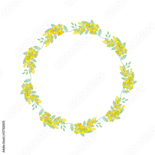 Round bright, stylish, elegant frame with spring mimosa flowers. For invitations, greetings, and decorations. Vector.