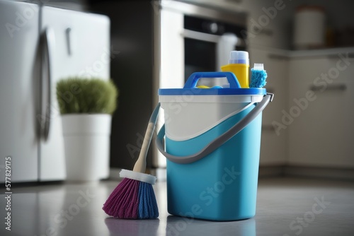 Bucket with cleaning items on wooden table and blurry modern kitchen background. AI Generation