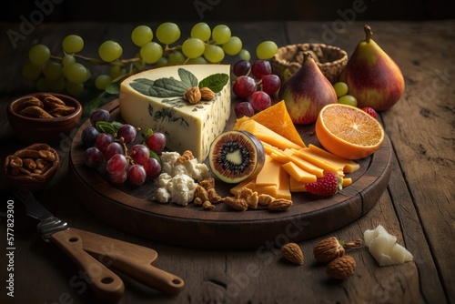 Cheese platter with organic cheeses, fruits, nuts and wine on wooden background. AI Generation