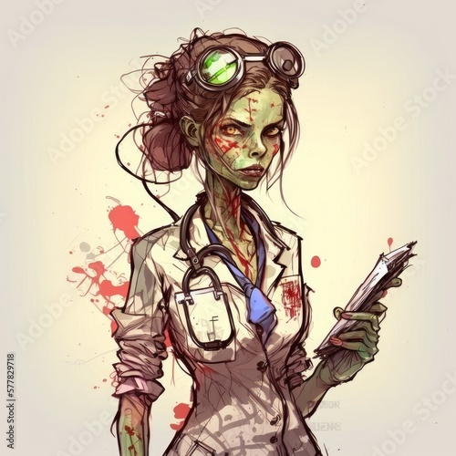Female Doctor Zombie Character with Stethoscope: A Gruesome Illustration Generated by AI