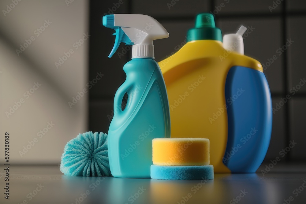 Chemical poisoned cleaning supplies bottles on dark background. Cleaning service. AI Generation Chemical poisoned cleaning supplies bottles on dark background. Cleaning service. AI Generation