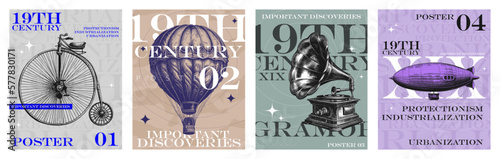 Vintage set of posters of important discoveries of the 19th century. Old posters template. Important discoveries of the past - gramophone, airship, air balloon, bicycle. Historic cards, vintage style