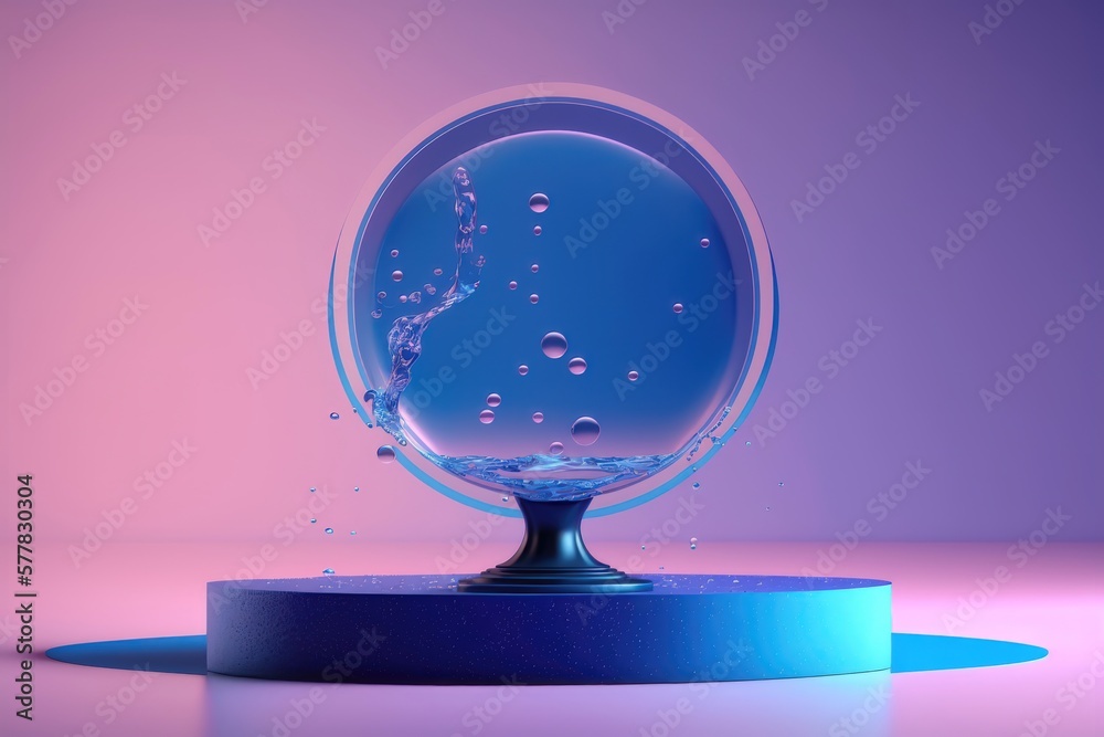 Contemporary blue and pink circle Podium with glass and water. AI generation Contemporary blue and pink circle Podium with glass and water. AI generation
