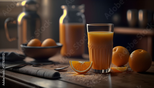 a refreshing drink, orange juice with mint and cocktail tube, fresh whole and sliced oranges on a black background
