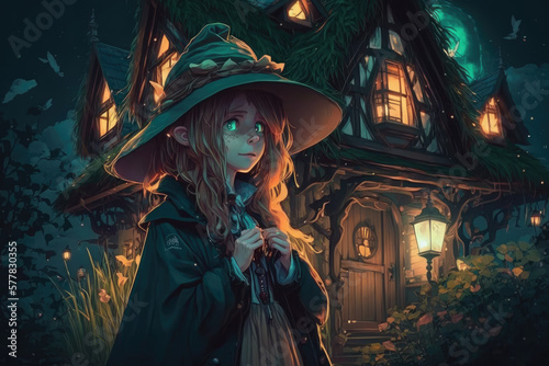 Cute Witch in Front of Cozy Cottage © Devin