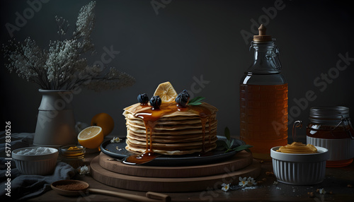 Board with tasty pancakes  blueberries and honey dipper on the table