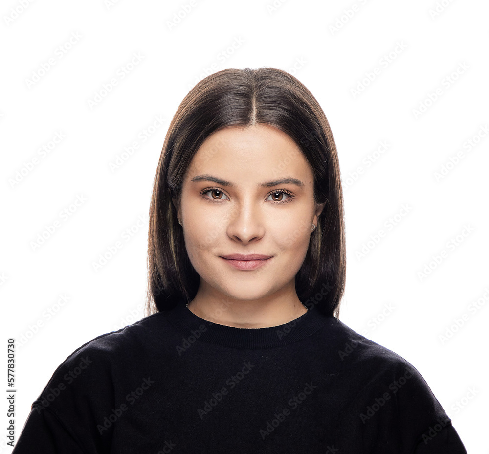 close-up headshot portrait of a brunette girl, on a white background isolate. close-up headshot portrait of a brunette girl, on a white background isolate.