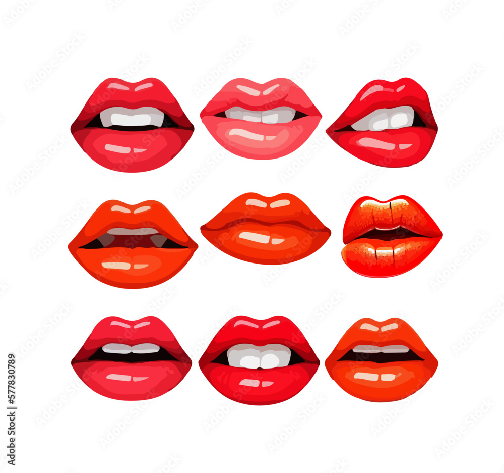 Beautiful cartoon lips in red lipstick. Vector illustration of lush female lips