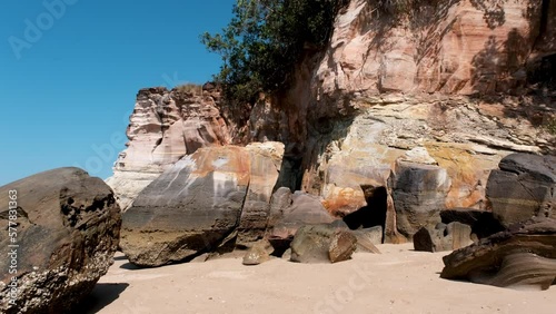 Gimbal footage of Laem Chamuk Khwai Rock and Beach on sunny day. Thalane, Krabi Province, Thailand. photo