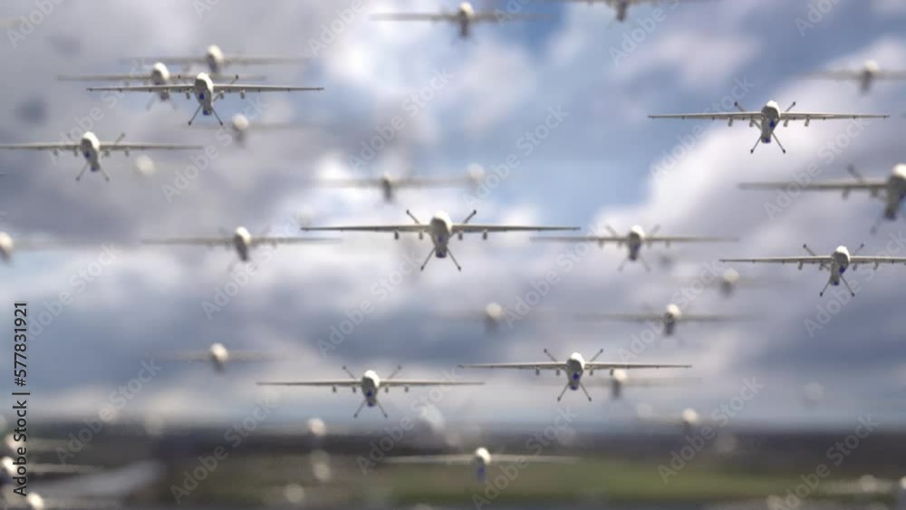 Armada of military drones flying against the backdrop of a beautiful cloudy sky. Armada of military drones flying against the backdrop of a beautiful cloudy sky.