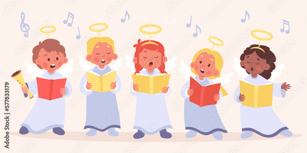 Choir of angels children flat icons set. Cute kids with nimbus singing songs. Entertainment Choir of angels children flat icons set. Cute kids with nimbus singing songs. Entertainment