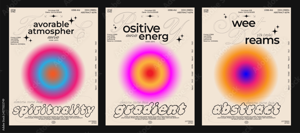 Collection of abstract aura retro posters with blurred circles. Positive energy, glow, soul. Sunset lamp circle vector. - obrazy, fototapety, plakaty 
