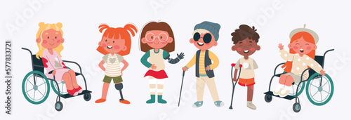 Disability kids flat icons set. Children with health problems. Amputated leg and arm, chronic health condition