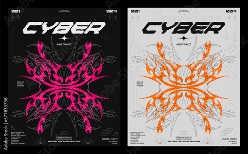 Y2K posters in retro futuristic pixel style. Tribal style elements for 90s design. Printable vector banner collection