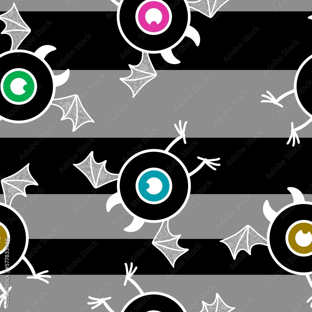 Fototapeta premium Halloween cartoon monsters seamless eyes and wings pattern for wrapping paper and fabrics and linens